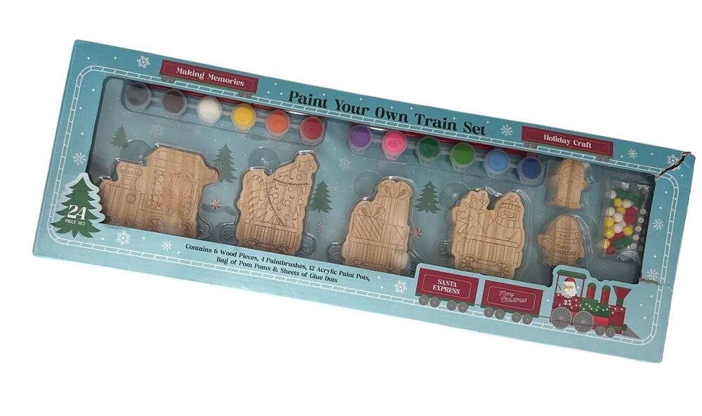 "Paint Your Own Train Set" 24 piece set. 6 wooden pieces, 12 acrylic paintbrush